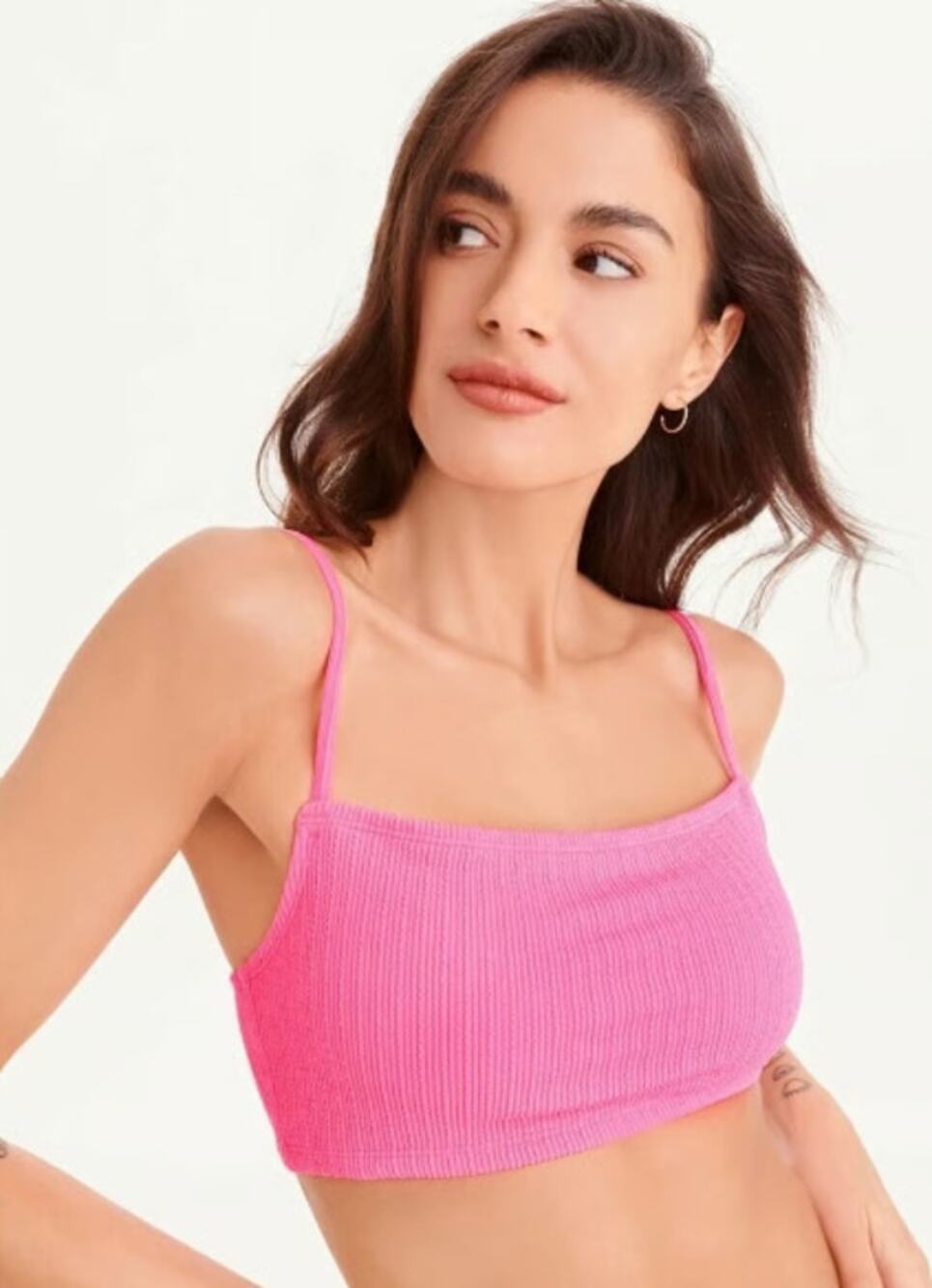 DKNY WOMENS SZ XS TEXTURED BRALETTE BIKINI TOP NEON PINK MICRO SCRUNCH NEW!